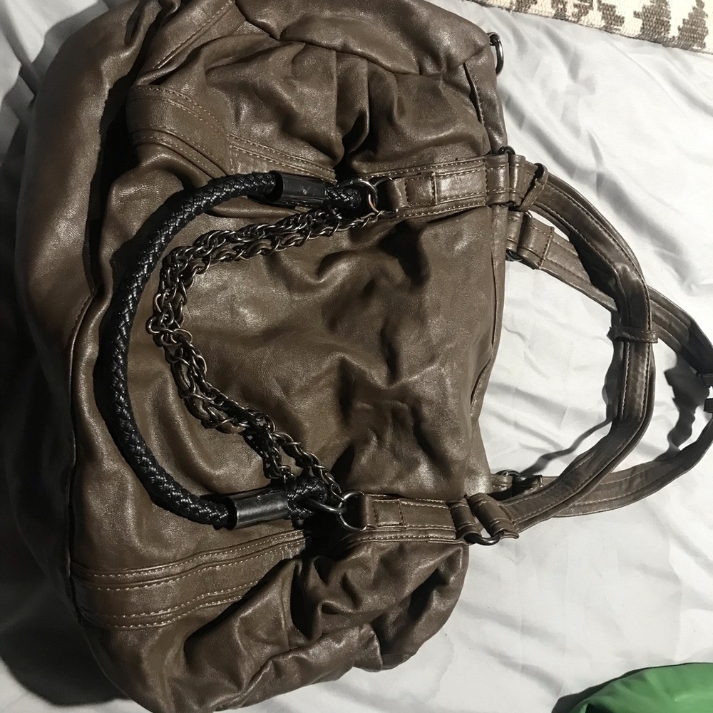 Shoulder bag-dark taupe faux leather-chain detail